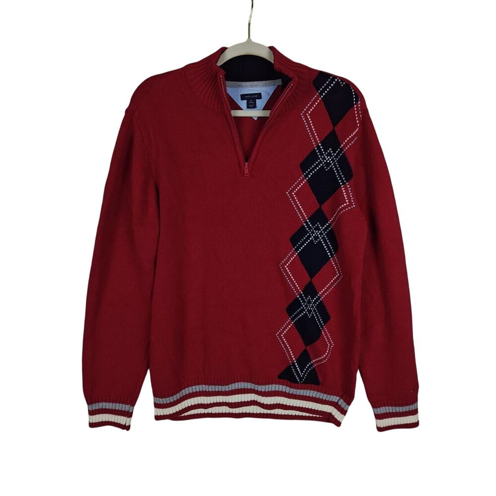 Vtg Tommy Hilfiger Knit Sweater Mens XL Red Logo Argyle Diamond Y2K Preppy
